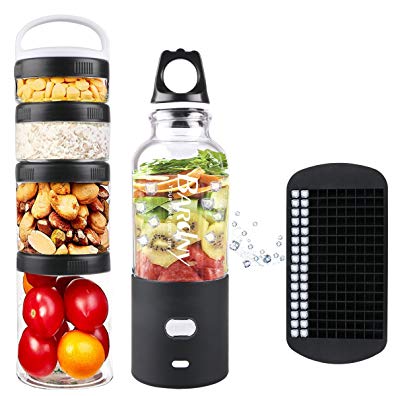 Portable Smoothie Blender Personal Blender for Shakes and Smoothies, Small blender Rechargeable Blender with Ice Tray and Stackable Twist Lock Storage Jars Snack Container