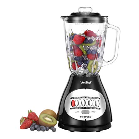 VonShef Premium 14 Speed 450W Blender with 48oz Glass Jar, Black