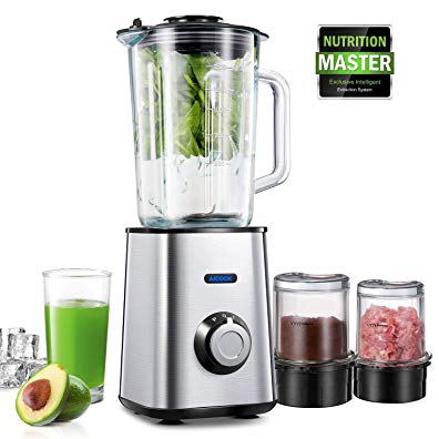 Smoothie Blender AICOOK Blenders Personal Single Serve for Shakes and Smoothies with 50 oz Glass Jar with Grinding Cup and Meat Mincing Cup, Stainless Steel