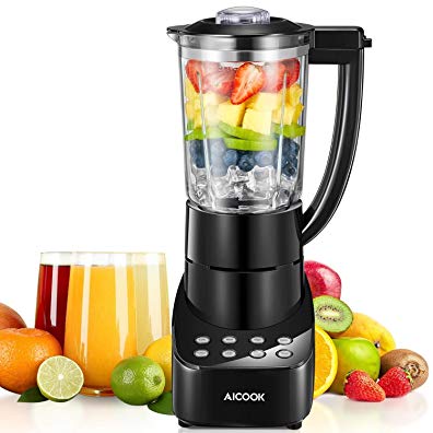 AICOOK Blender, Smoothie Blender, Ice Crush Blenders, 6-Cup Smoothies and Shakes Blender, FDA Certified Juice Blender, 50oz Glass Jar, 700Watt, 8-Settings Functions, Black